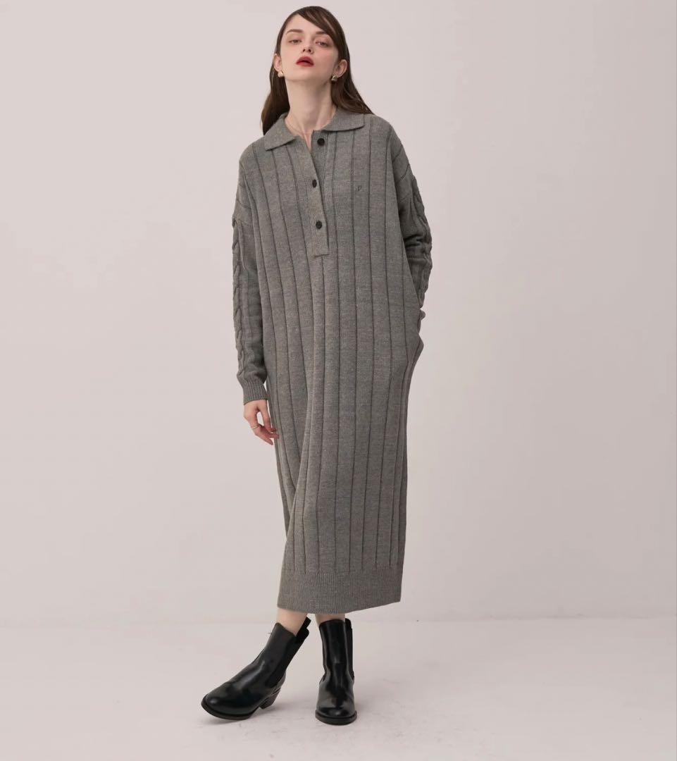 新品未使用PINUEピヌエ ポロカラーリブニットワンピース（GRAY）