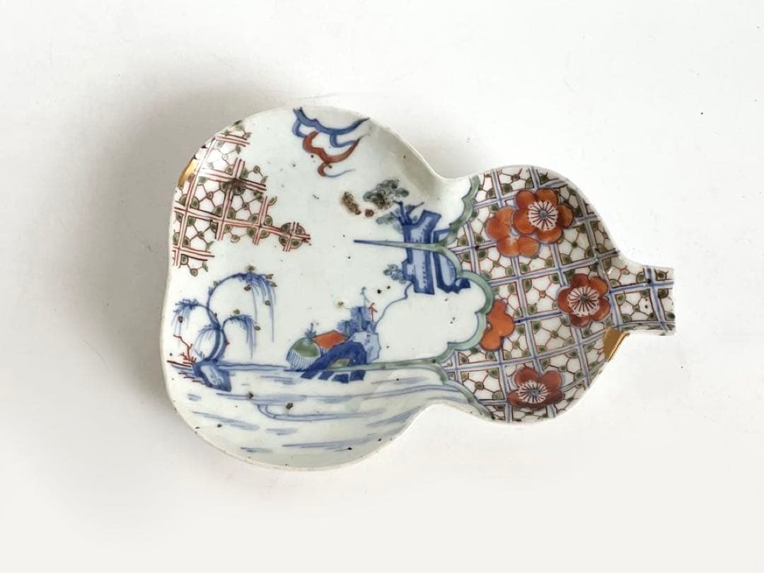 #1 骨董　アンティーク　色絵古九谷　色絵山水文瓢形向付　変形皿　古九谷