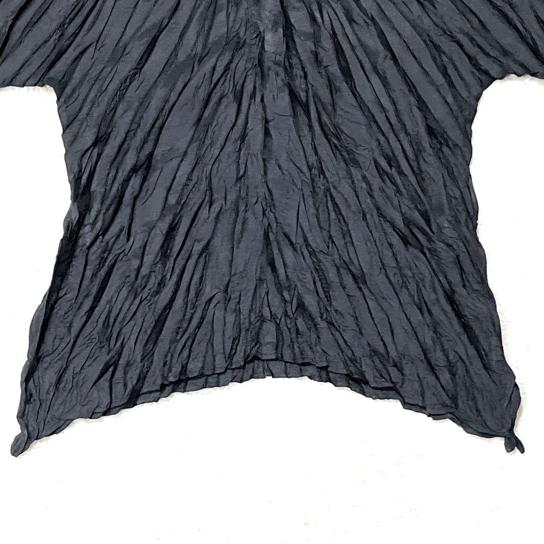 【シワ加工 L相当】プリーツプリーズ シワプリーツハイネックカットソー ブラック