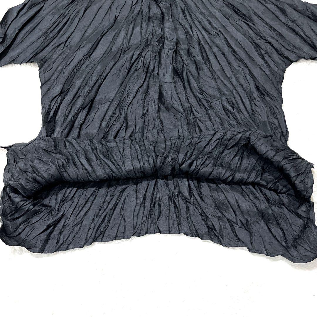 【シワ加工 L相当】プリーツプリーズ シワプリーツハイネックカットソー ブラック