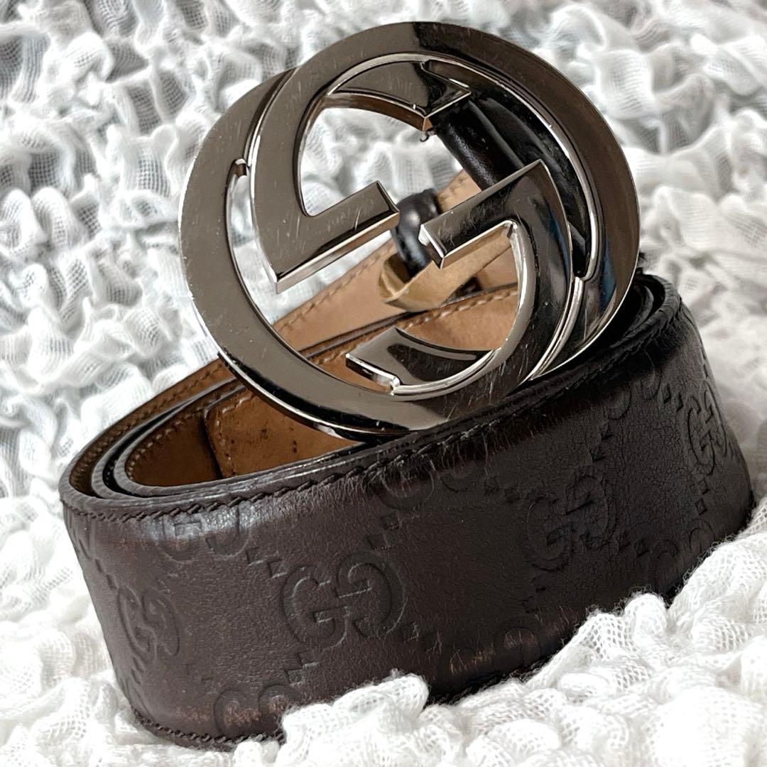 美品　グッチ　シマ　インターロッキングG　ベルト　114984　95/38 茶