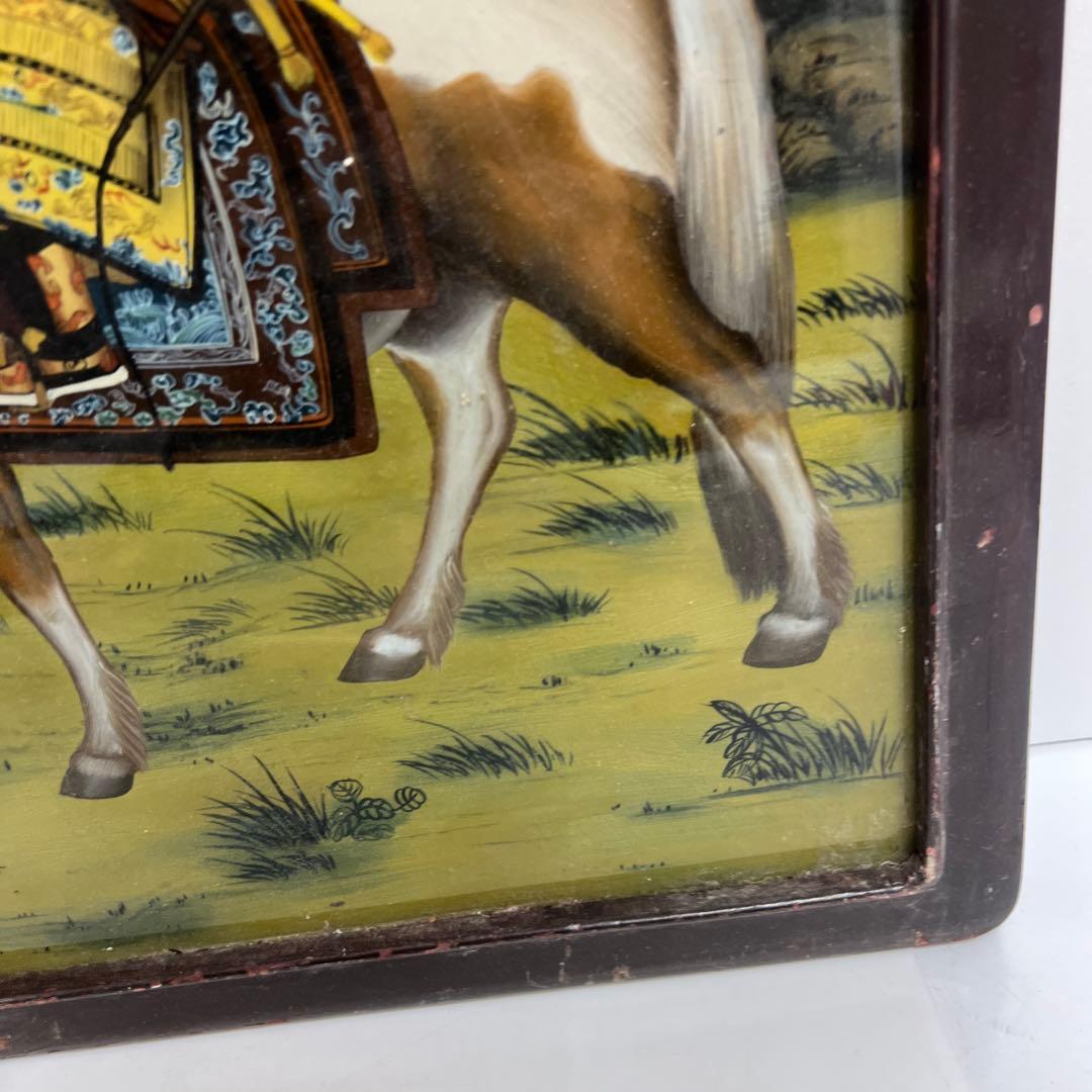 中国古玩　中国人物馬図　ガラス絵　金具込縦56㎝　東Y8-0205☆2F
