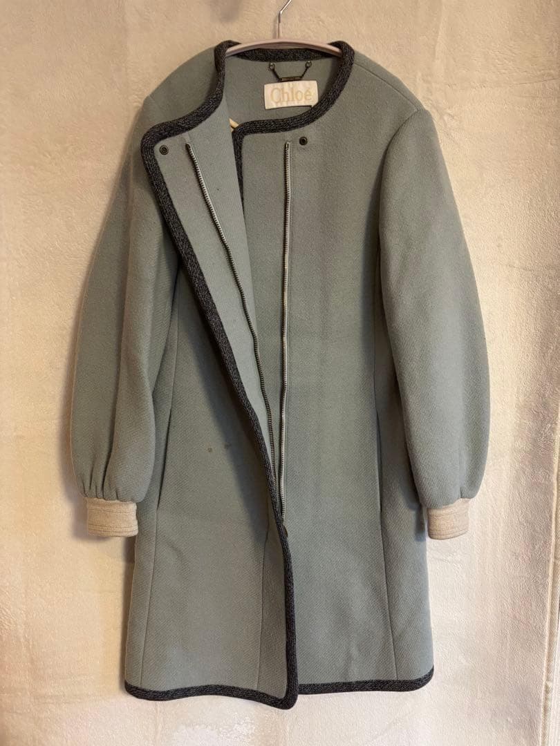 CHLOE クロエ バージンウール ロングコート ノーカラー ブルー サイズ34