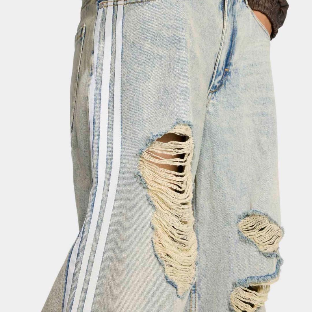 新品29⭐️adidasルーズデニム ディストレスト パンツ ダメージ加工 ブルー