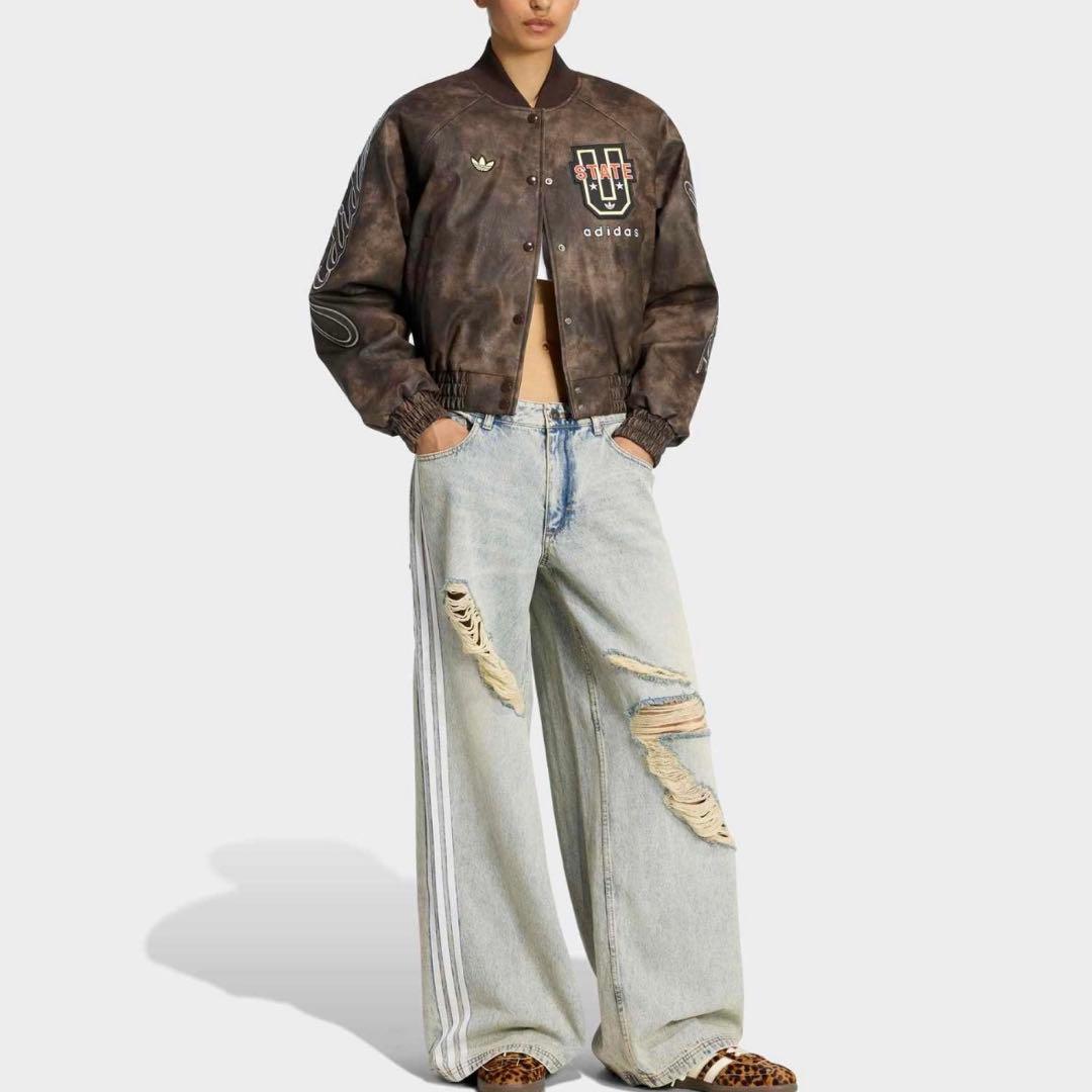 新品29⭐️adidasルーズデニム ディストレスト パンツ ダメージ加工 ブルー