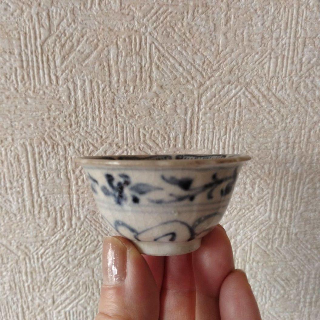 新渡古安南染付輪花福文茶碗東南アジア中国古玩