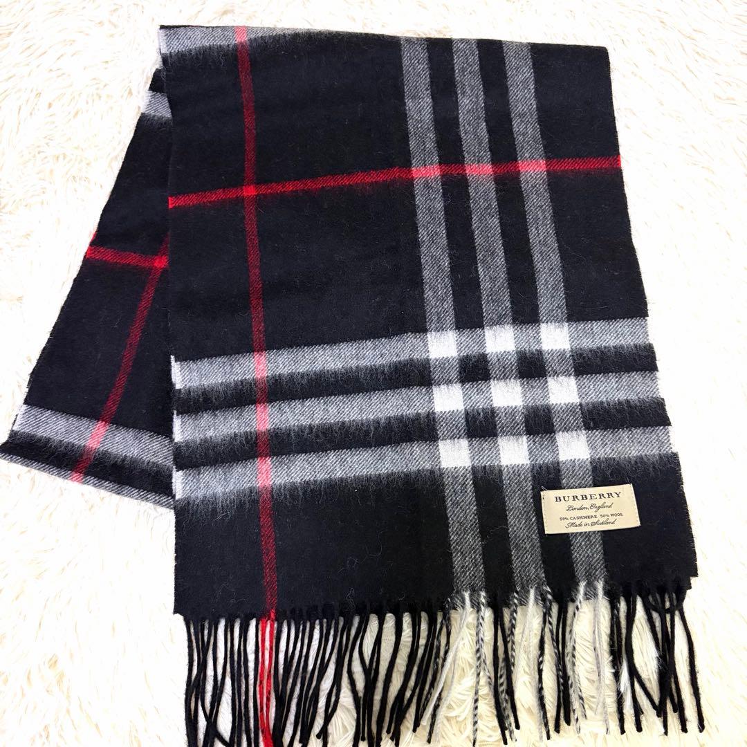 バーバリー　カシミヤ50% マフラー　ネイビー　赤　チェック