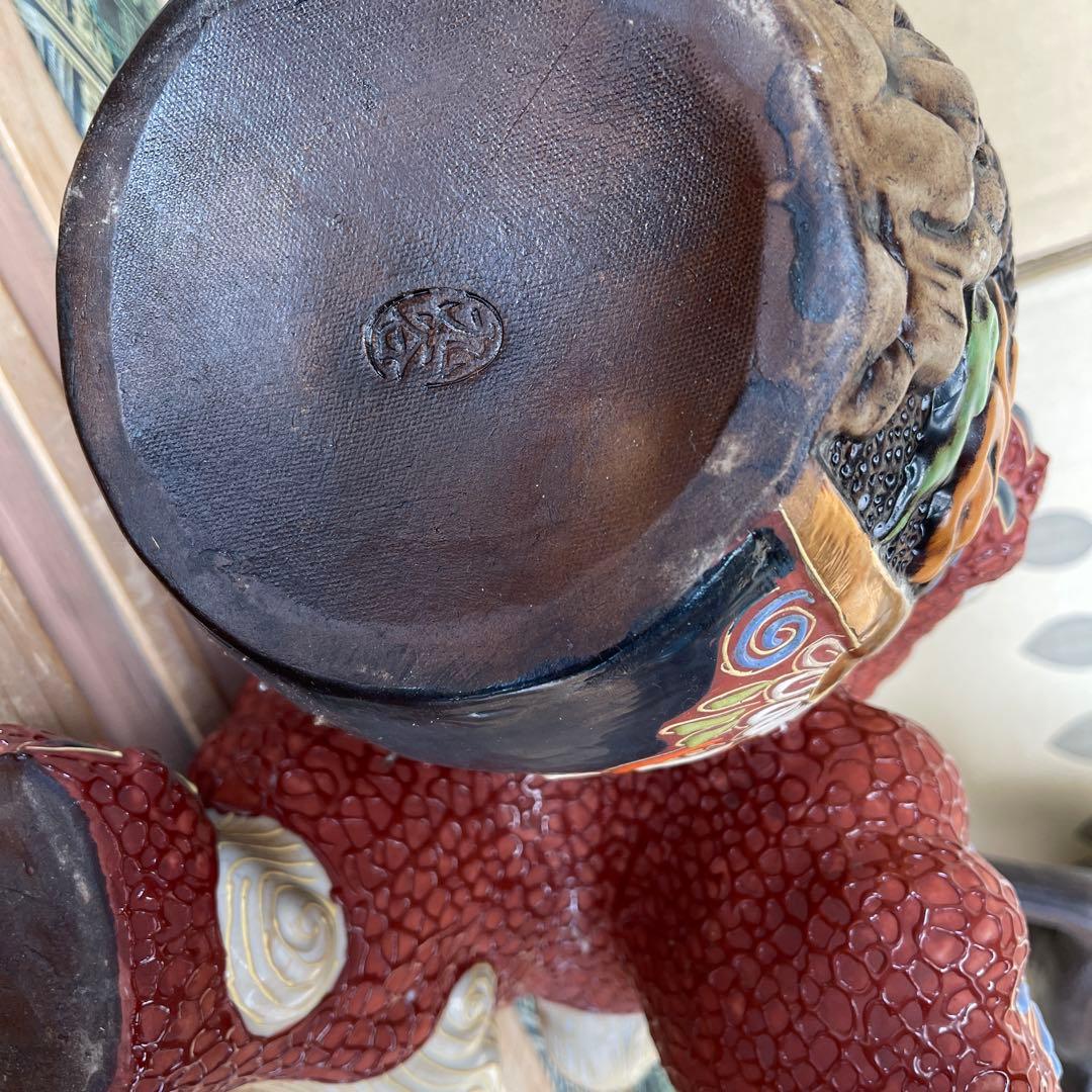 九谷焼 須栄義作 八幡窯 玉乗り獅子 約30cm 鷹図 金彩 置物