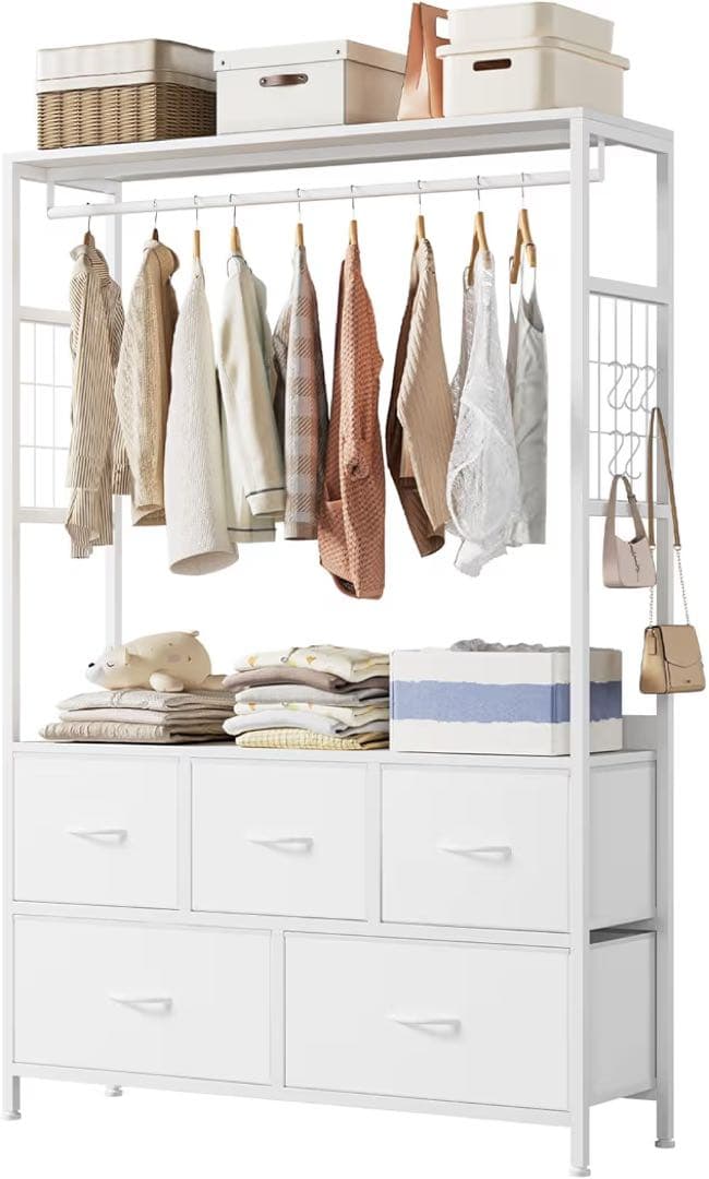 ハンガーラック 引き出し付き2段5杯 大容量 衣類収納 ホワイト