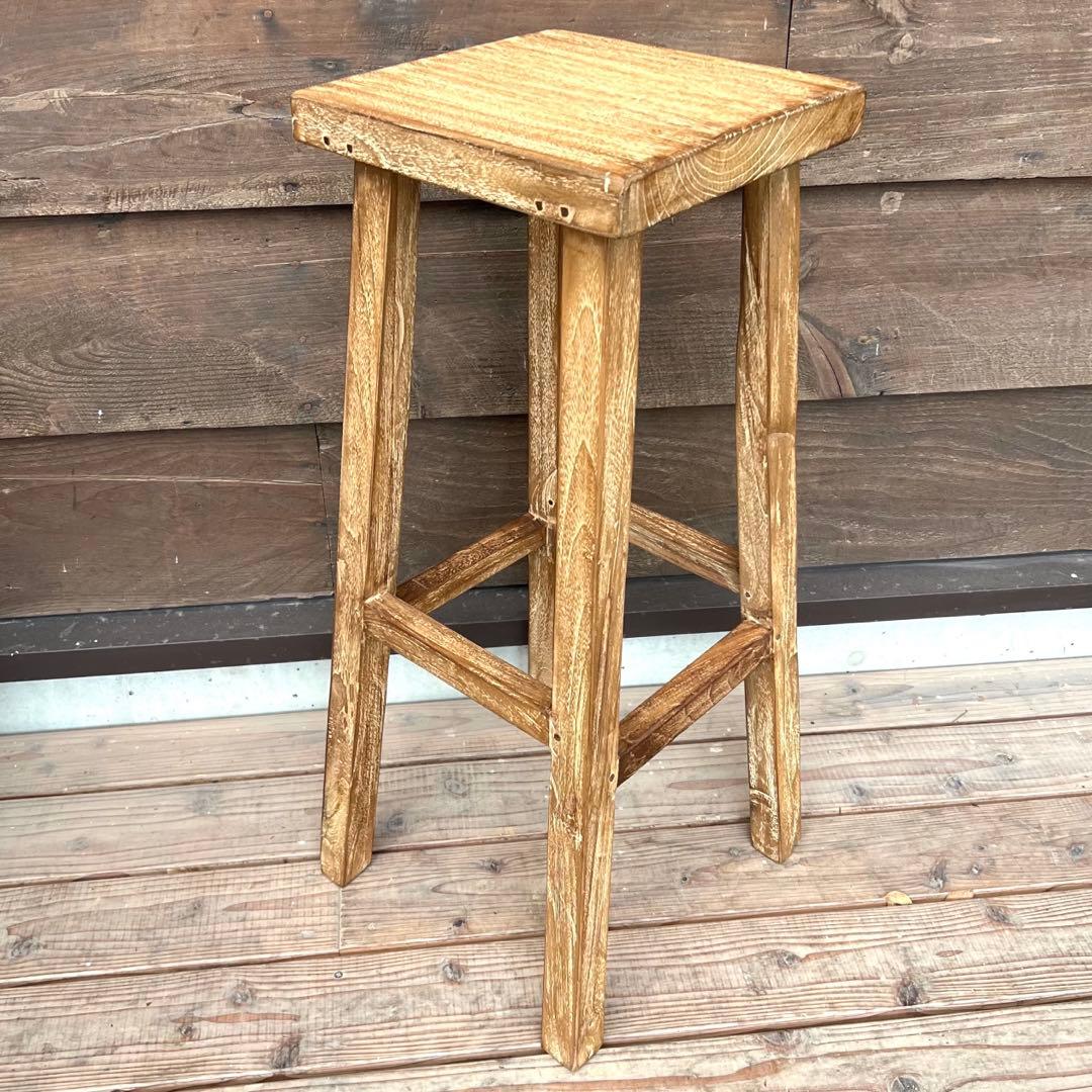 オールドチーク材のハイスツール 無垢材 カウンターチェア 角型 腰掛け バー椅子