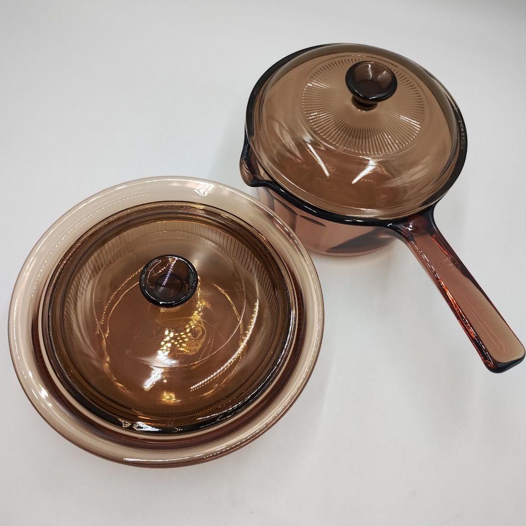 bM130L 昭和レトロ　ビジョン　コーニング　USA　ガラス製　耐熱鍋・片手鍋