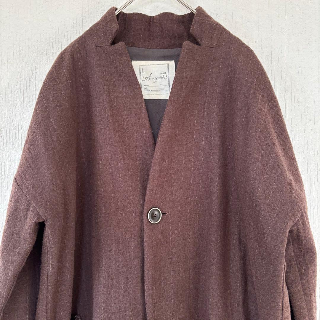 極美品　イチアンティークス　ノーカラーコート　ブラウン　ストライプ