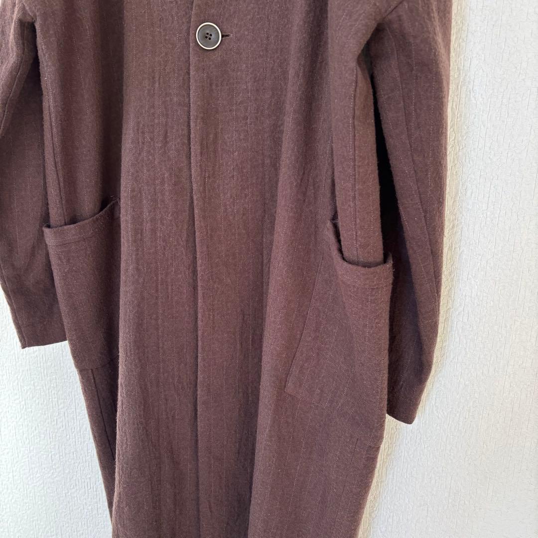 極美品　イチアンティークス　ノーカラーコート　ブラウン　ストライプ