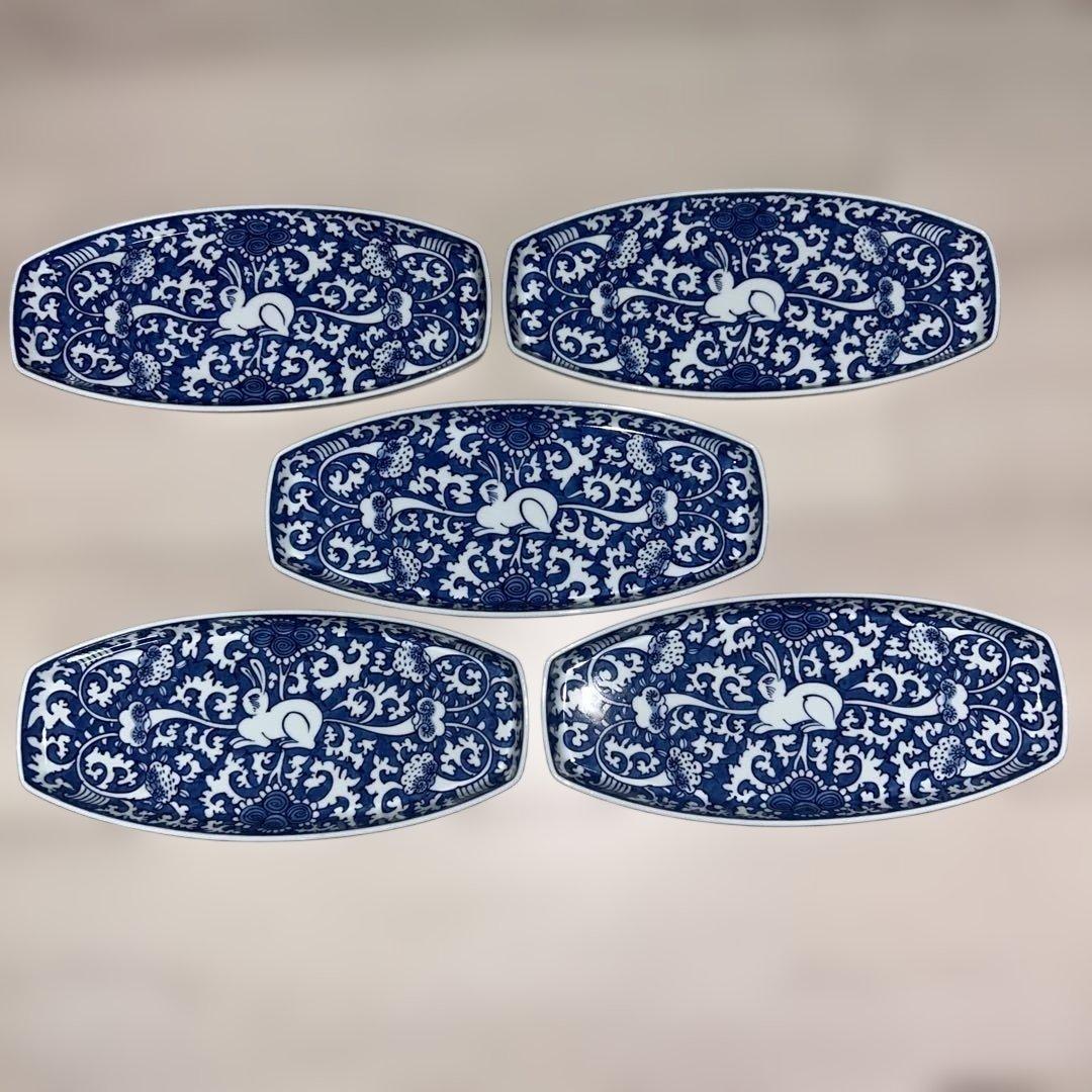 源右衛門　楕円形皿28cm ５枚セット 唐草模様　青白い花柄　有田焼