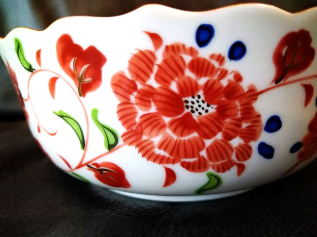 ♥【金彩古美濃焼】銅鑼鉢・赤絵大・中２皿♦古橘吉・たち吉・輪花型・ヴィンテージ皿