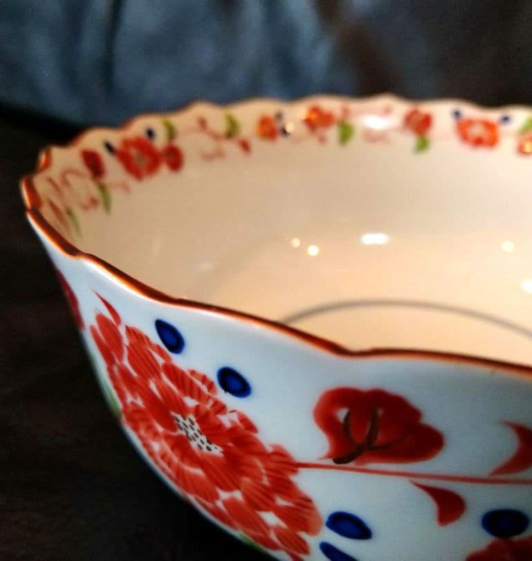 ♥【金彩古美濃焼】銅鑼鉢・赤絵大・中２皿♦古橘吉・たち吉・輪花型・ヴィンテージ皿