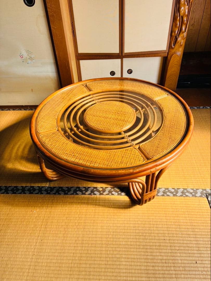 籐家具 ラタンラウンドローテーブル 籐素材 円卓 座卓 机 ラタン 昭和レトロ