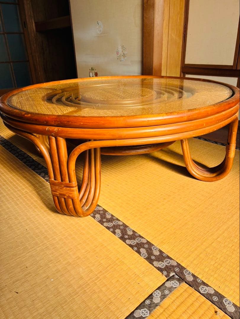 籐家具 ラタンラウンドローテーブル 籐素材 円卓 座卓 机 ラタン 昭和レトロ