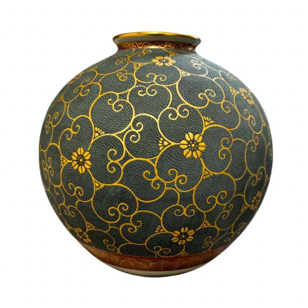 九谷焼　秀山　花瓶１点　青粒唐草　 インテリア