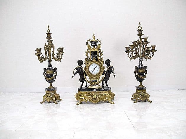 【美品】イタリア製 ランチーニ 天使/ブロンズ/黒大理石 燭台1対＋置時計セット