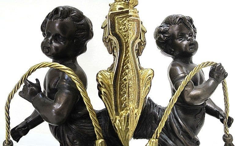 【美品】イタリア製 ランチーニ 天使/ブロンズ/黒大理石 燭台1対＋置時計セット