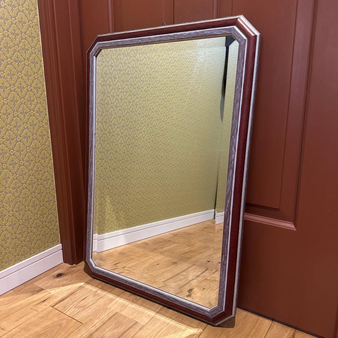 美品 イタリア製 マホガニーフレーム アンティーク ウォールミラー オクタゴン