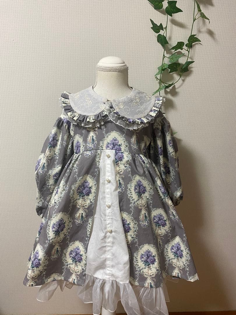 ハンドメイド　ウエストギャザーワンピース120、90cm つけ襟セット