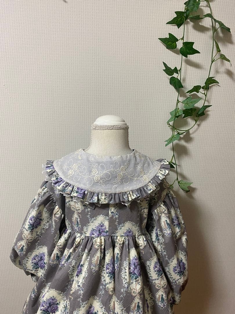 ハンドメイド　ウエストギャザーワンピース120、90cm つけ襟セット