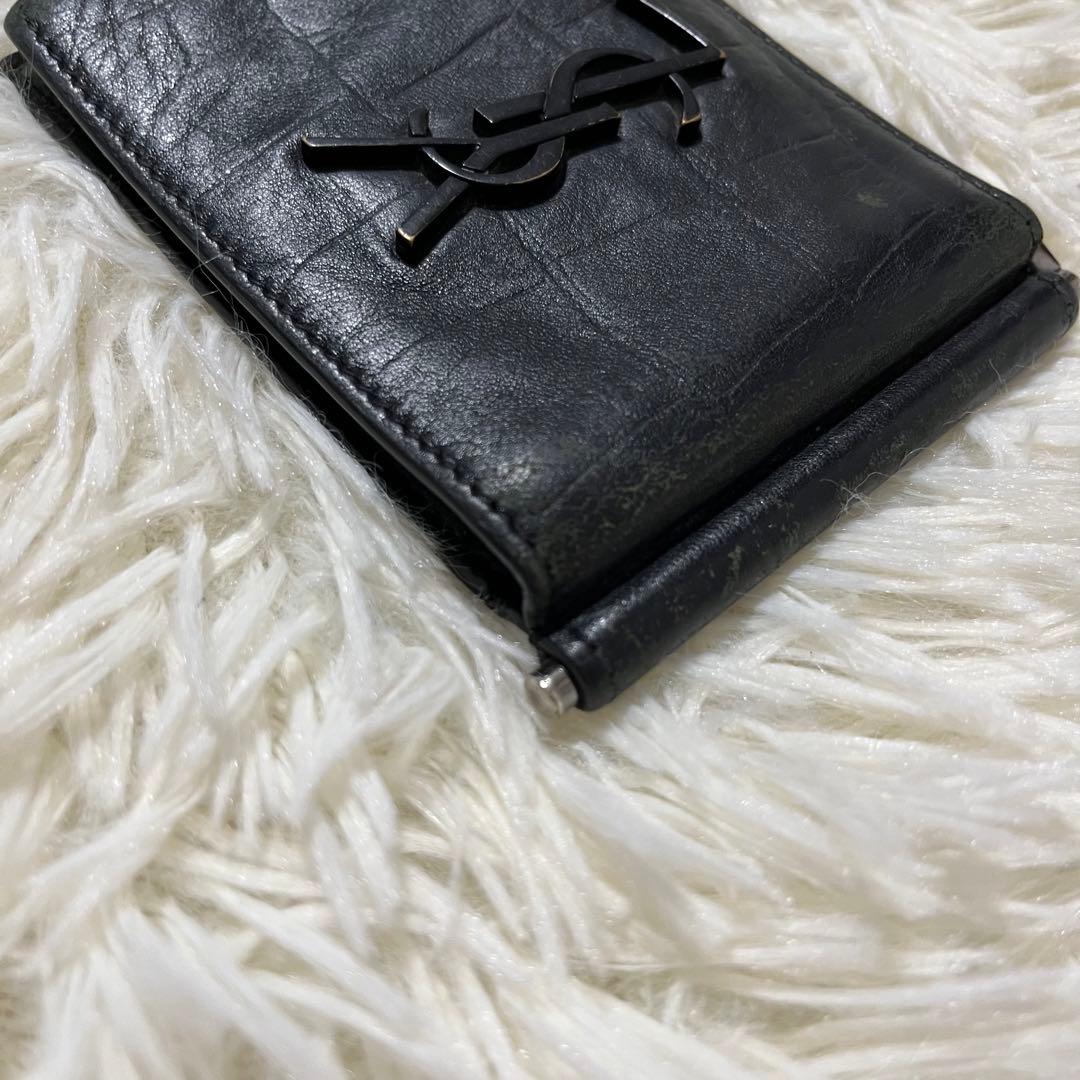 箱付サンローラン マネークリップ カードケース クロコ型押カサンドラ YSL 黒