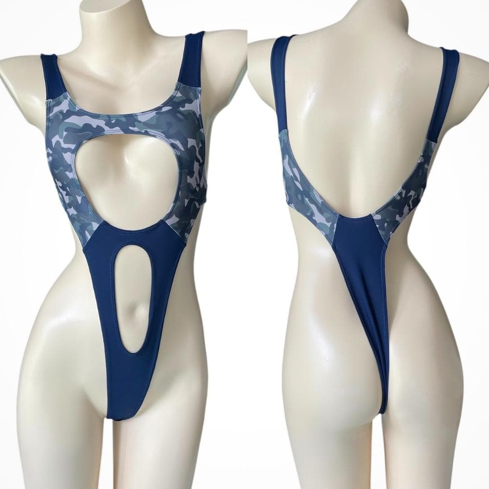 レオタード　ハイレグ　穴あき　迷彩×ネイビー