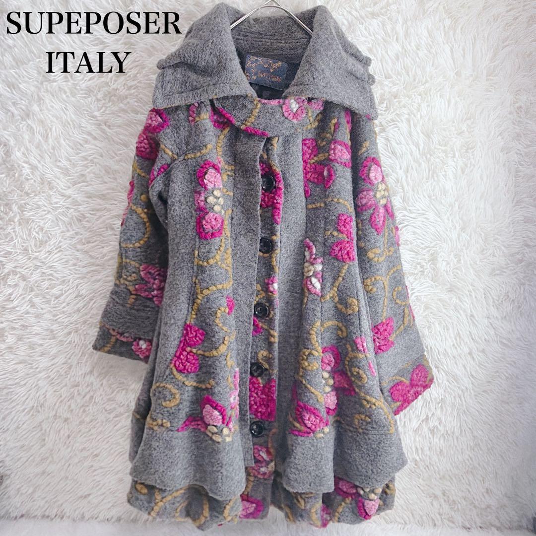 SUPEPOSER ITALY 立体 花柄 圧縮 ウール コート バルーン