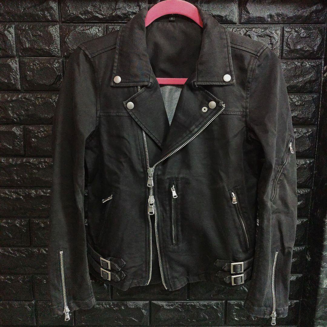 ノーアイディー　黒　ダブルライダースジャケット USED加工　デニム風仕上げ