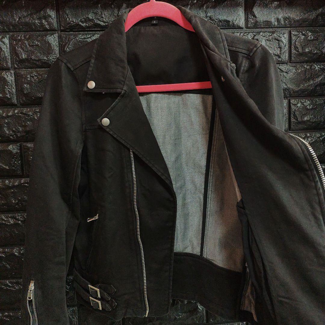 ノーアイディー　黒　ダブルライダースジャケット USED加工　デニム風仕上げ