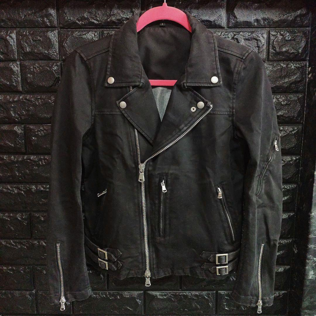 ノーアイディー　黒　ダブルライダースジャケット USED加工　デニム風仕上げ