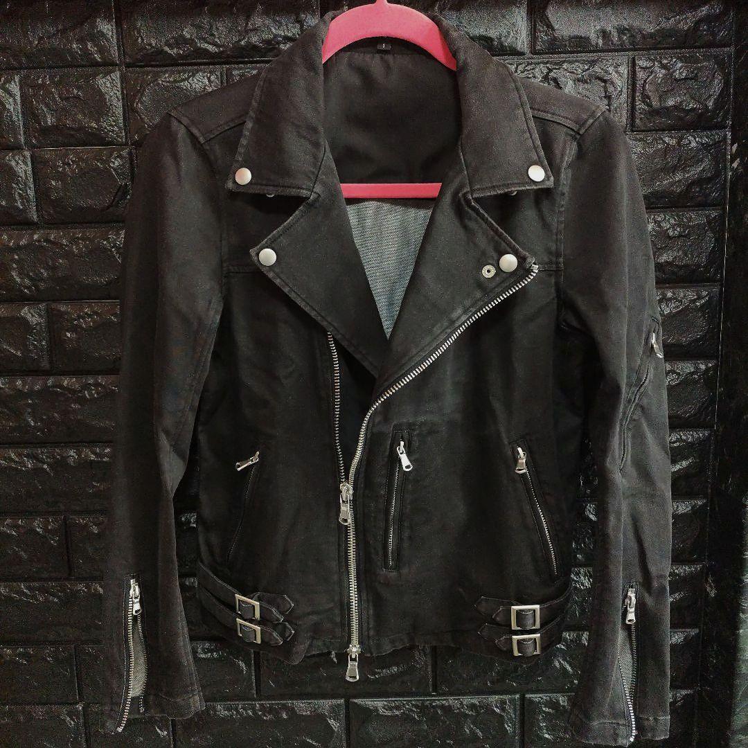 ノーアイディー　黒　ダブルライダースジャケット USED加工　デニム風仕上げ