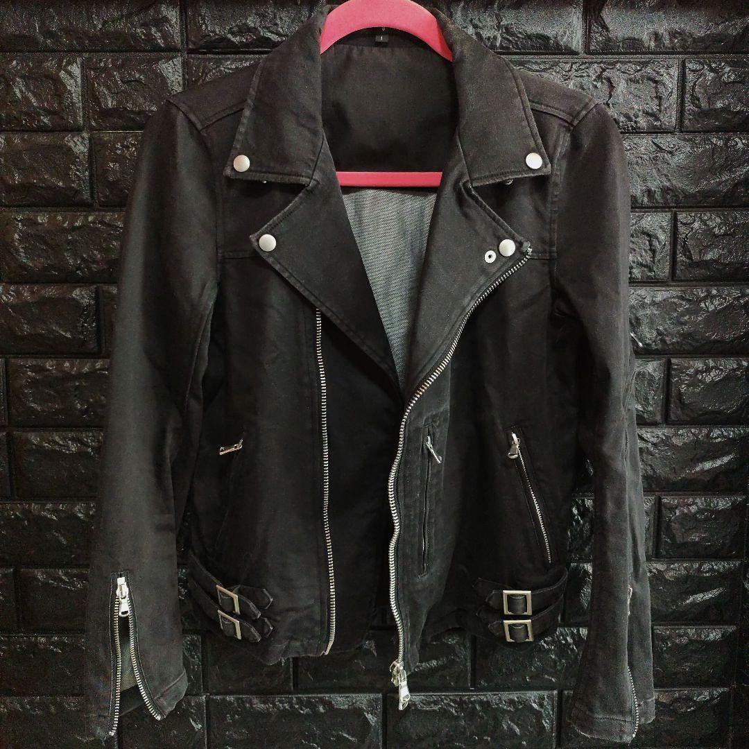 ノーアイディー　黒　ダブルライダースジャケット USED加工　デニム風仕上げ