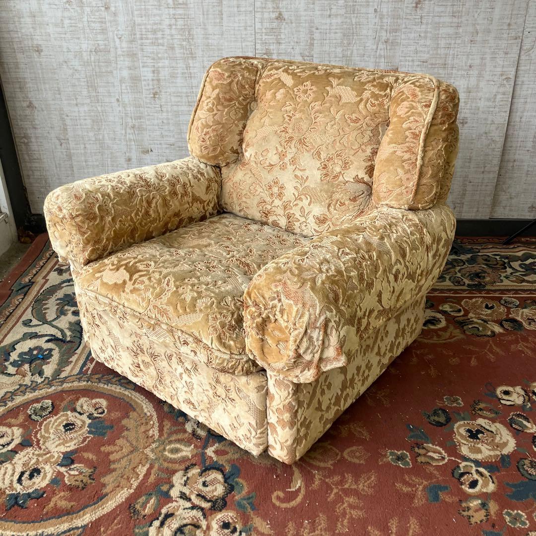 ② 昭和レトロ マルニ木工 花柄ベロアソファー 一人掛けソファー アームチェア