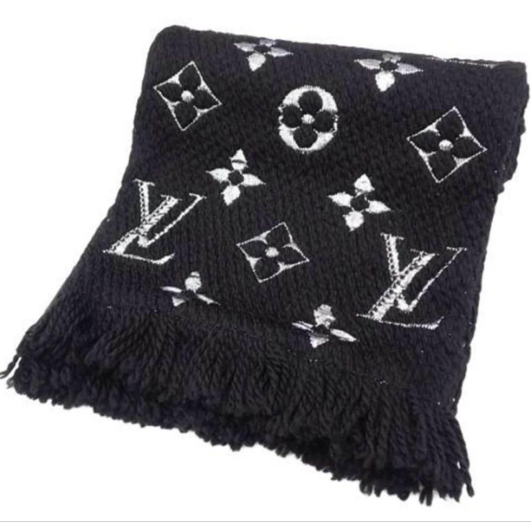 ルイヴィトン エシャルプ・ロゴマニア シャイン ブラック×シルバー マフラー