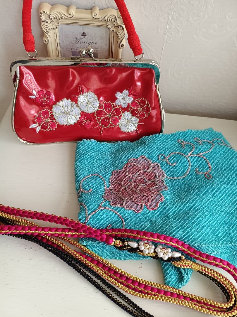 専用です☆アンティークピンク赤に丸模様の着物と黒系だらり帯