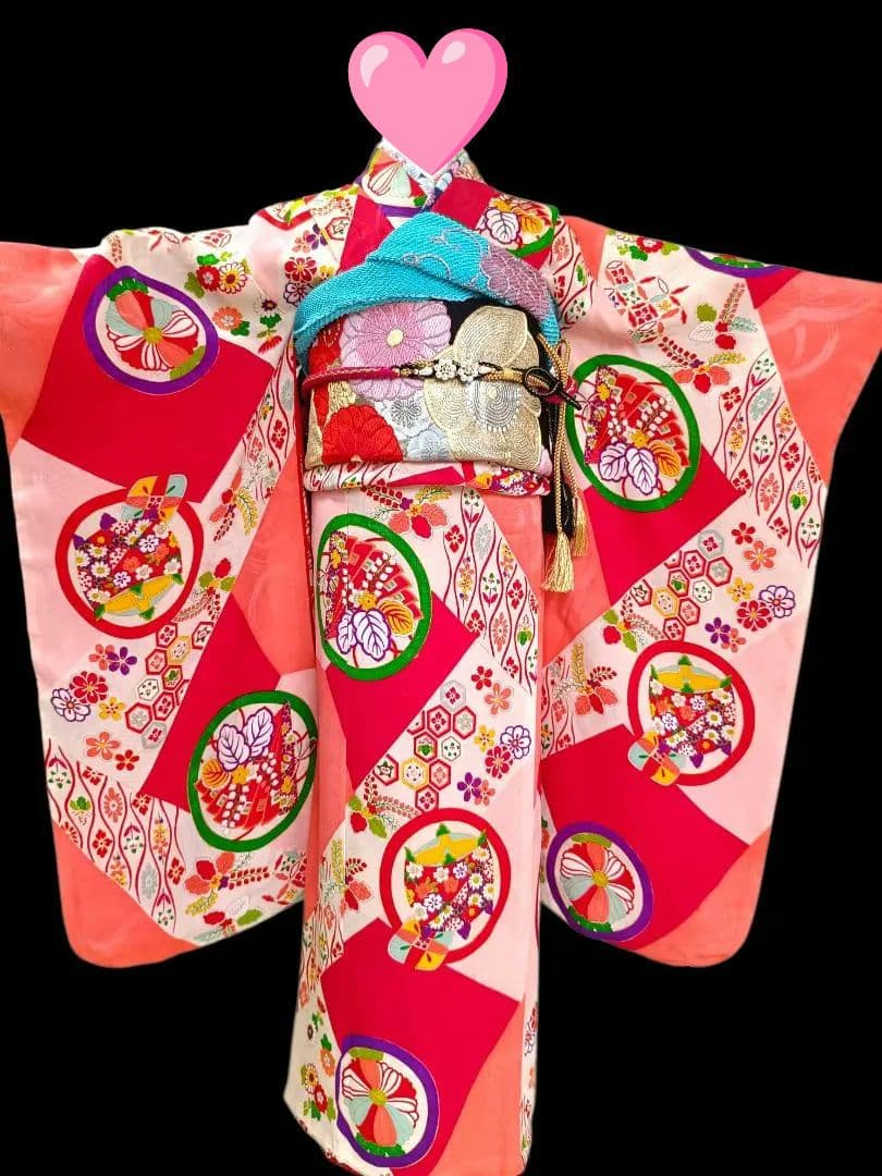 専用です☆アンティークピンク赤に丸模様の着物と黒系だらり帯
