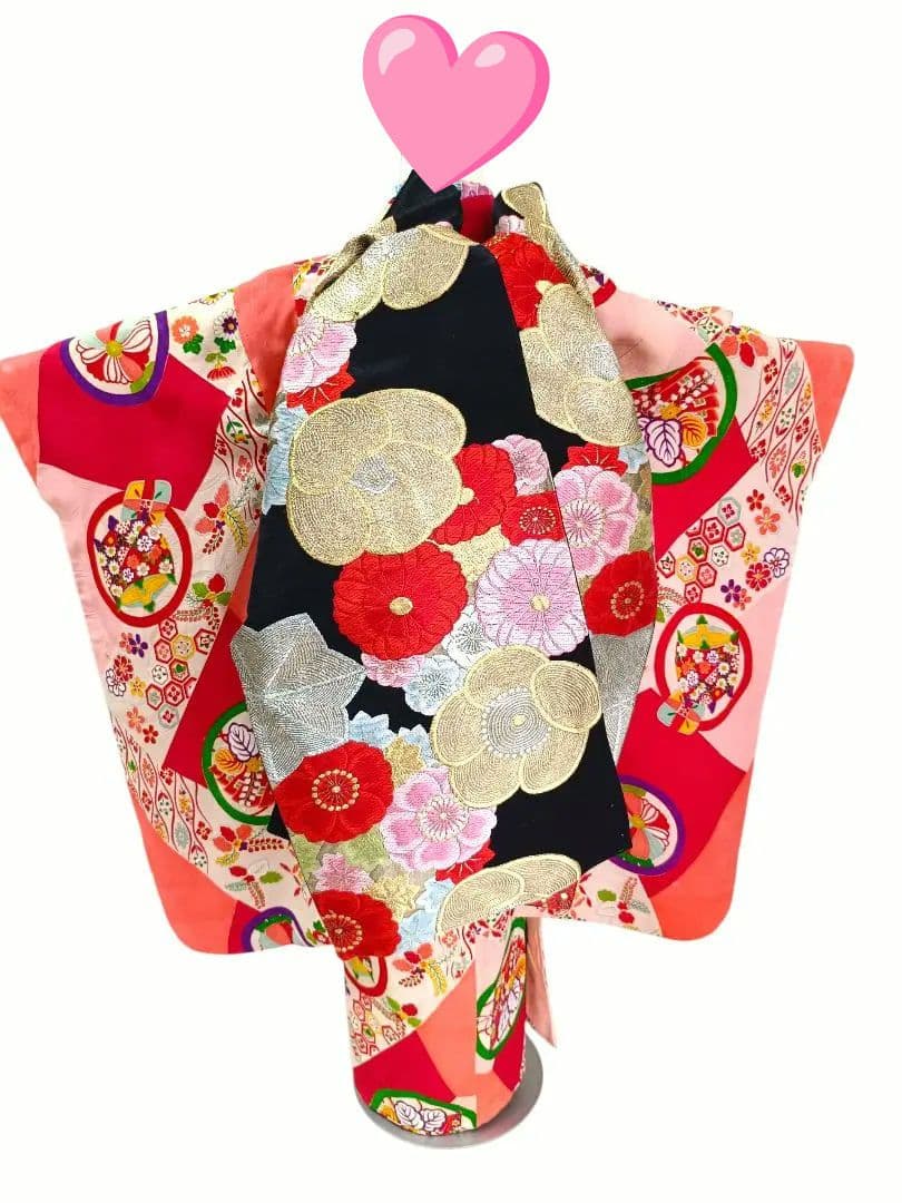 専用です☆アンティークピンク赤に丸模様の着物と黒系だらり帯