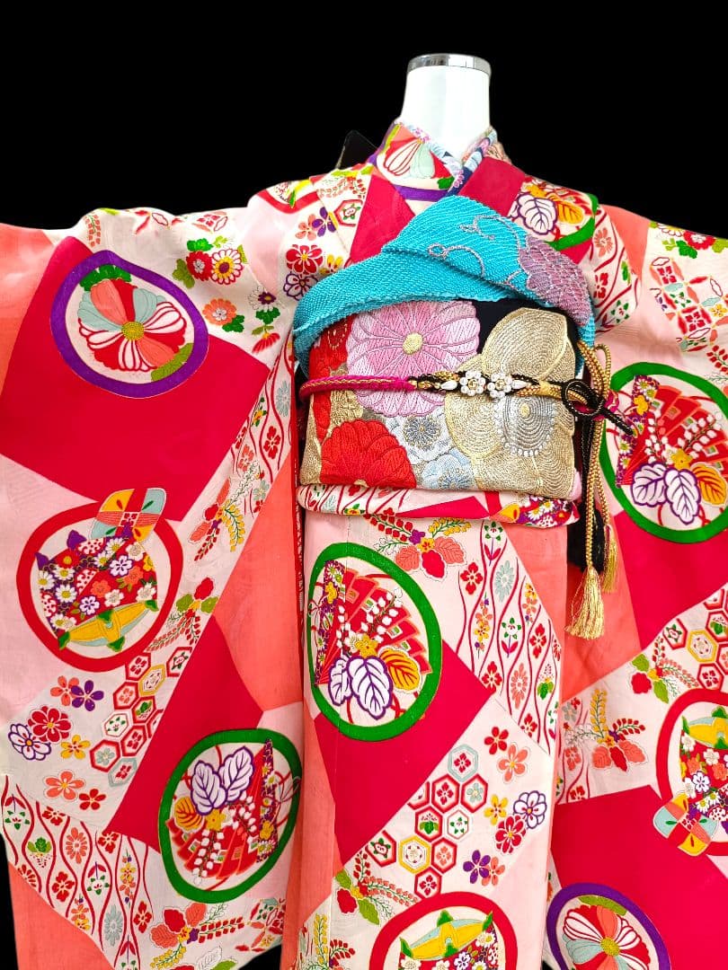 専用です☆アンティークピンク赤に丸模様の着物と黒系だらり帯