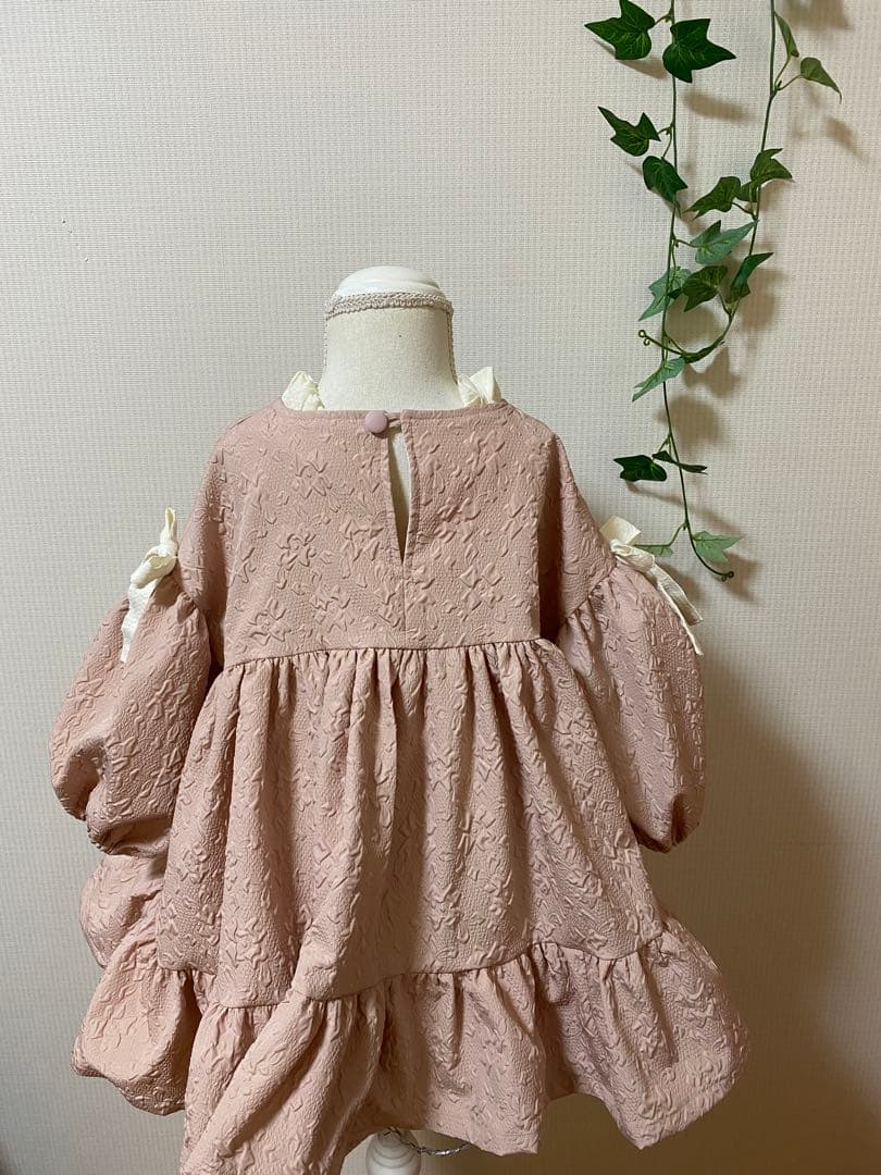 ハンドメイドウエストギャザーワンピースふっくら袖ワンピースチュニック丈130cm