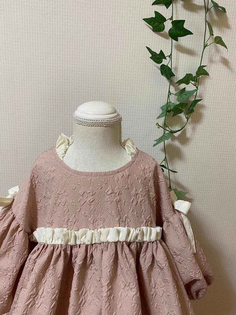 ハンドメイドウエストギャザーワンピースふっくら袖ワンピースチュニック丈130cm