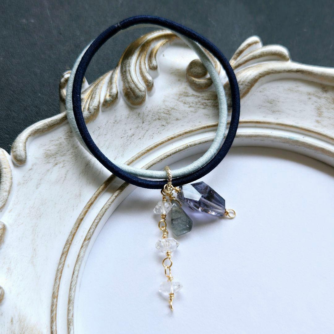 【一点物】アイオライト と ハーキマーダイヤモンド ヘアゴム④ 14kgf