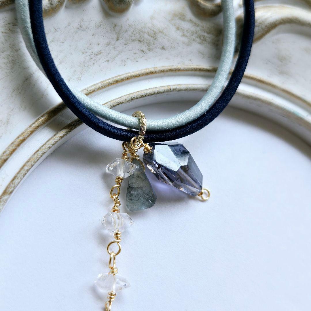 【一点物】アイオライト と ハーキマーダイヤモンド ヘアゴム④ 14kgf