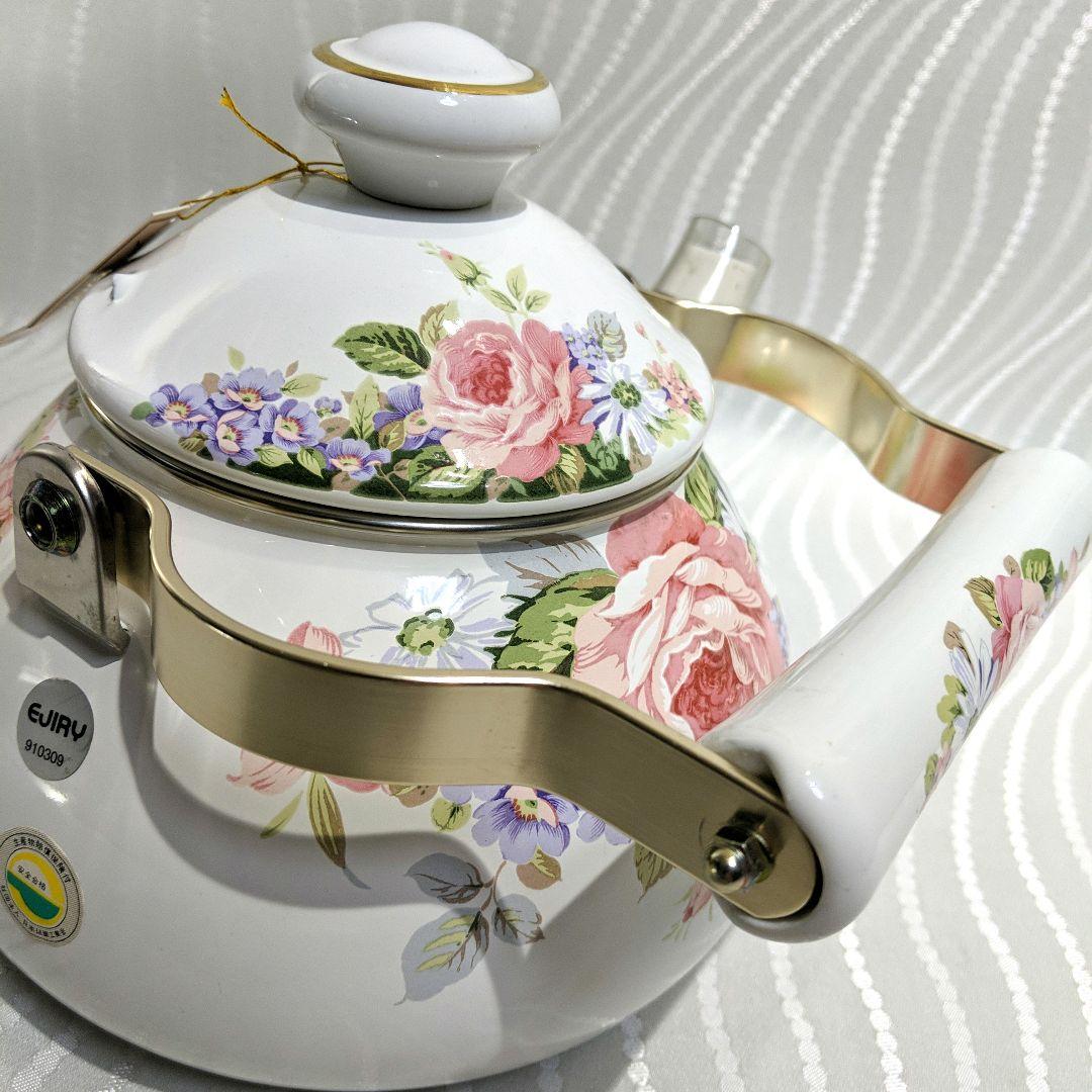 【未使用】EJIRYエジリー　ホーローケトルやかん　2.3L　ベルサイユローズ柄