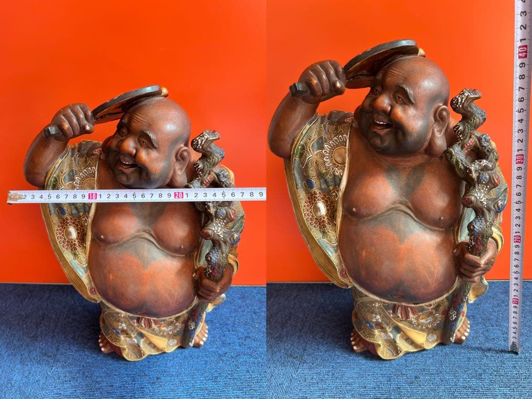 1281 九谷焼　布袋　錦絵柄模様　縁起物　置物　骨董