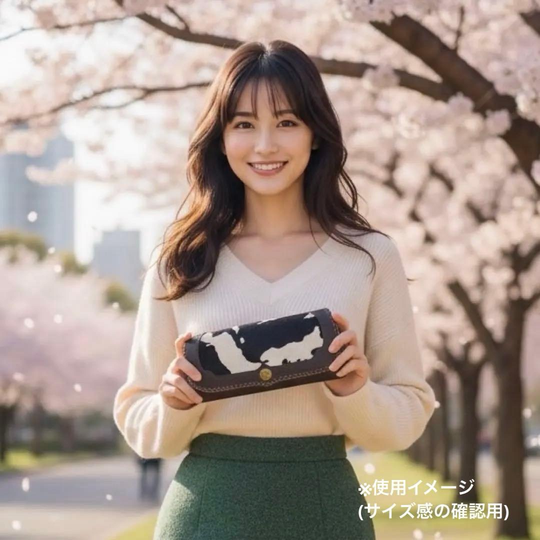 本革 長財布 毛付き ハラコ　カウ柄　姫路レザー　ダークブラウン