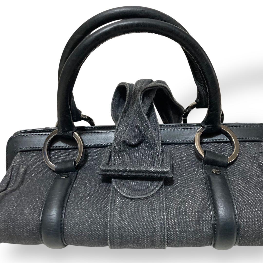 【ヴィンテージ】ジバンシー　ハンドバッグ　デニム　レザー　手提げ　グレー　黒